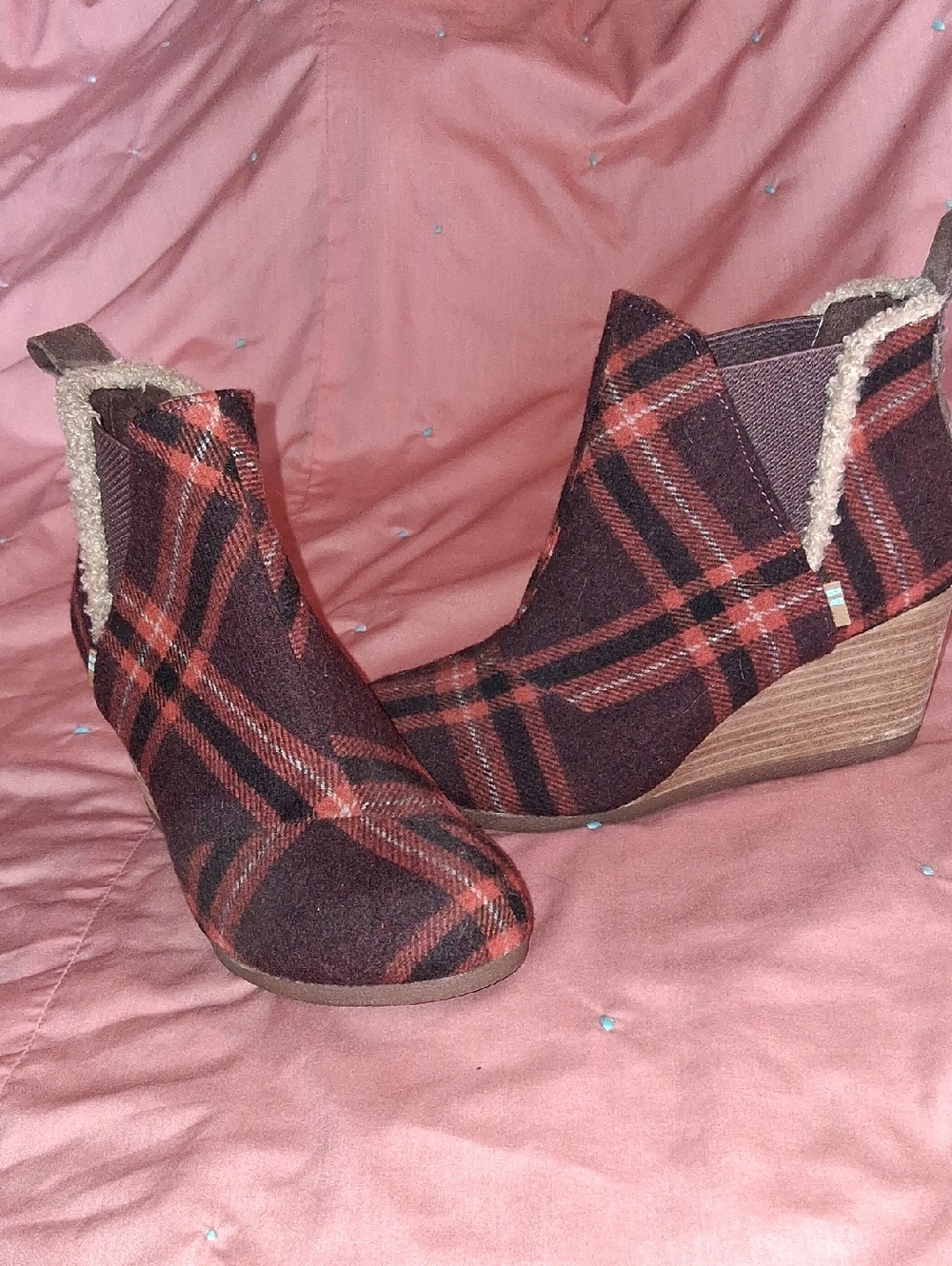 Toms Burgundy and Brown Plaid Wedge Ankle Boots